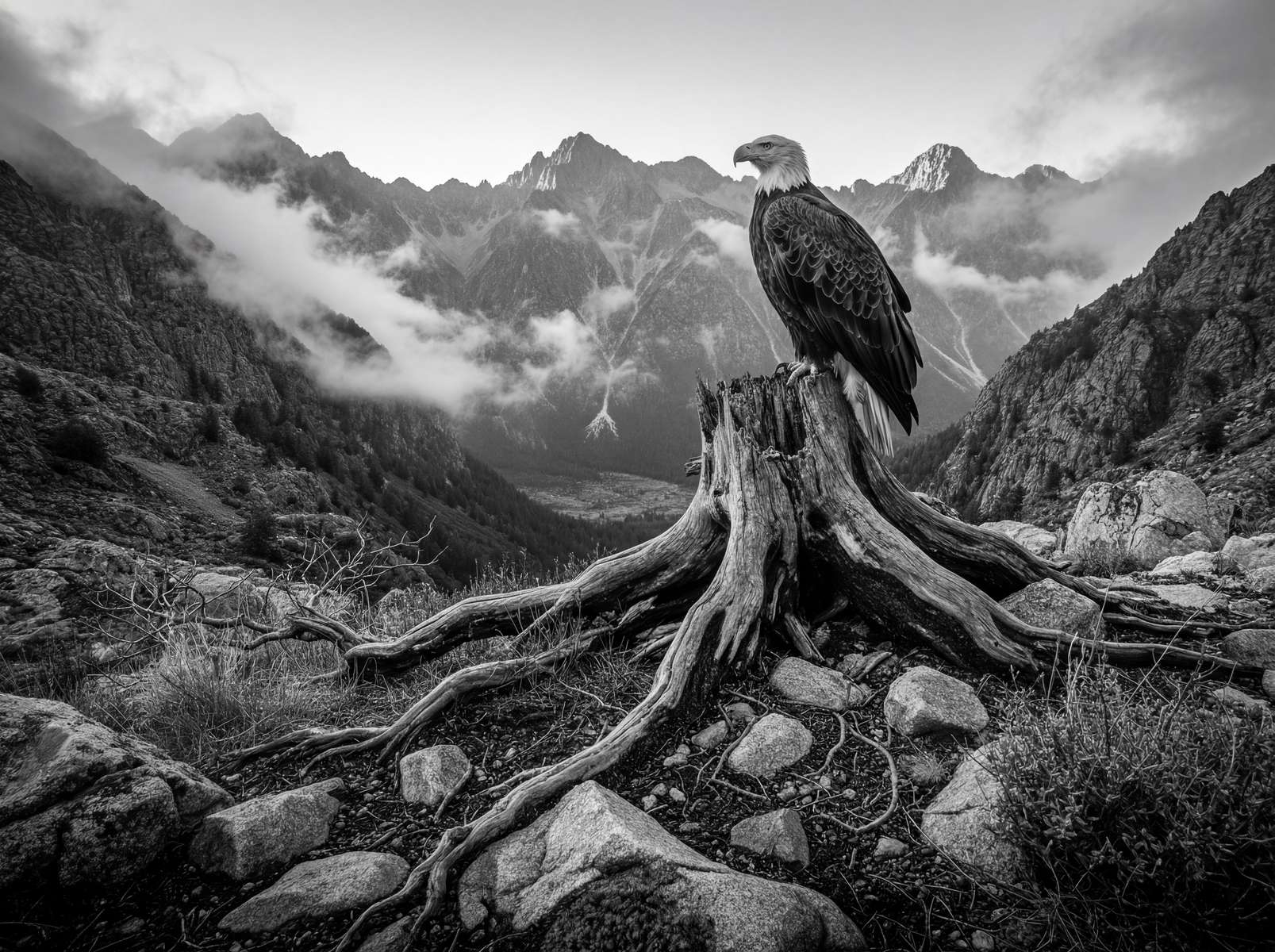 Drama panorama - a bald eagle perched on a tree stump looking out onto a mountanous landscape